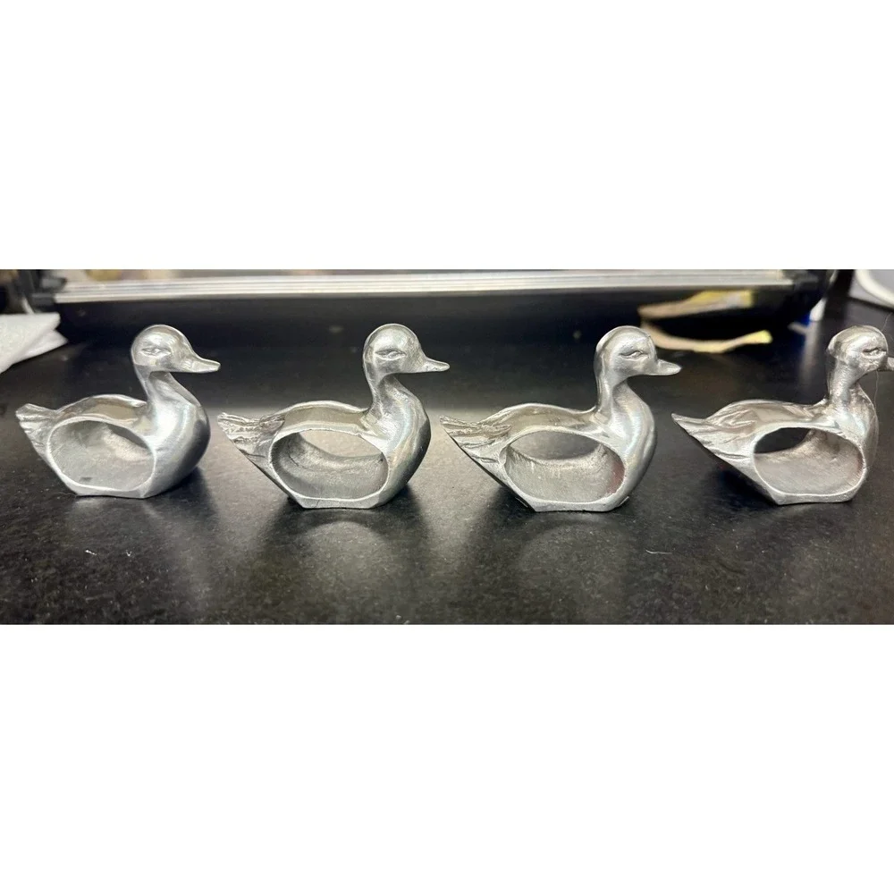 Set of 4 Pewter Napkin Rings Holders Farmhouse Animals Ducks